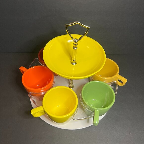 VTG RARE Boonton 2 Tier Tid-Bit Carousel Drink Caddy w/ 6 Colorful Melamine Mugs - Picture 3 of 9